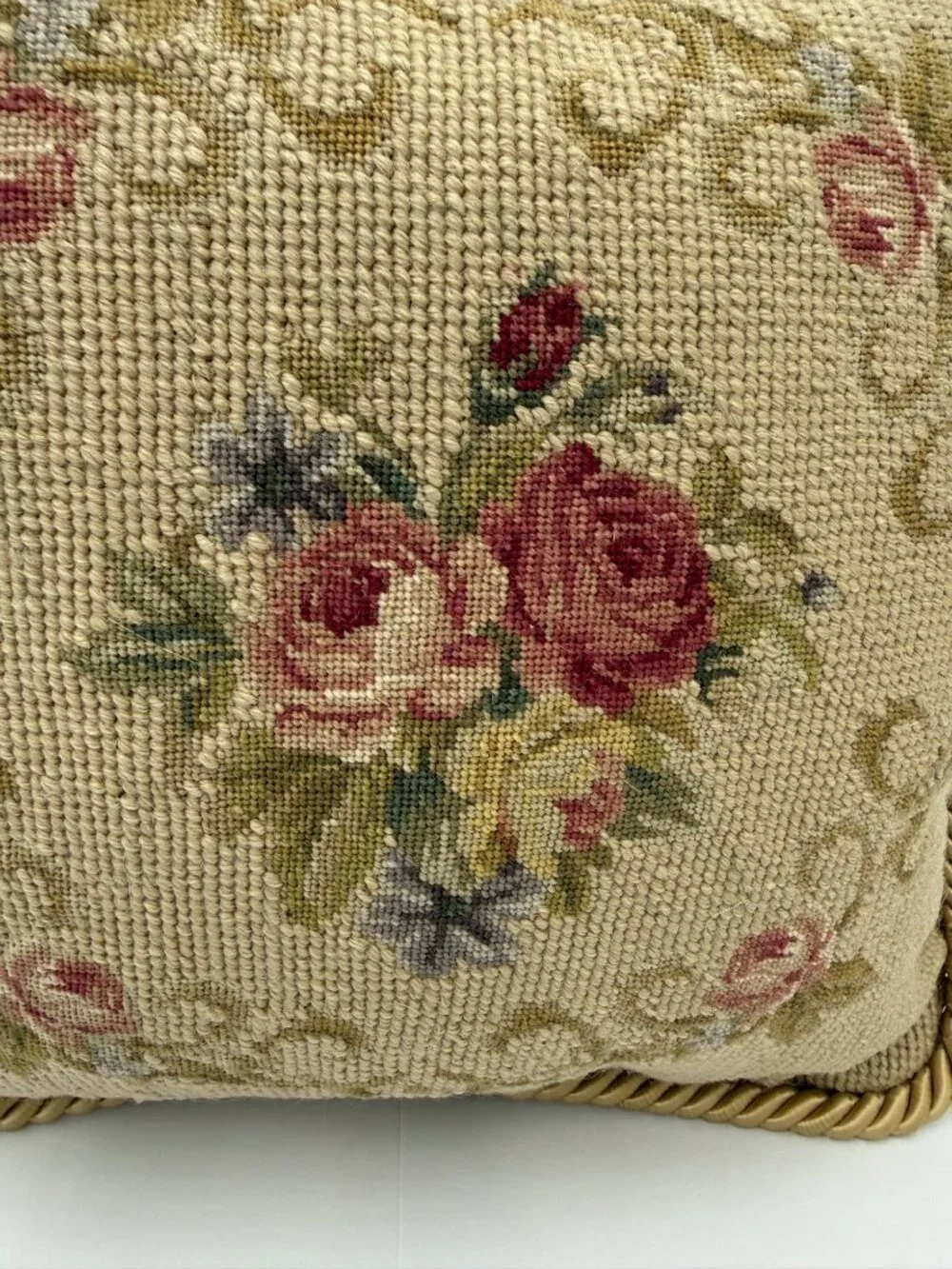 Vintage Floral Needlepoint Throw Pillow With Gold Rope Trim
